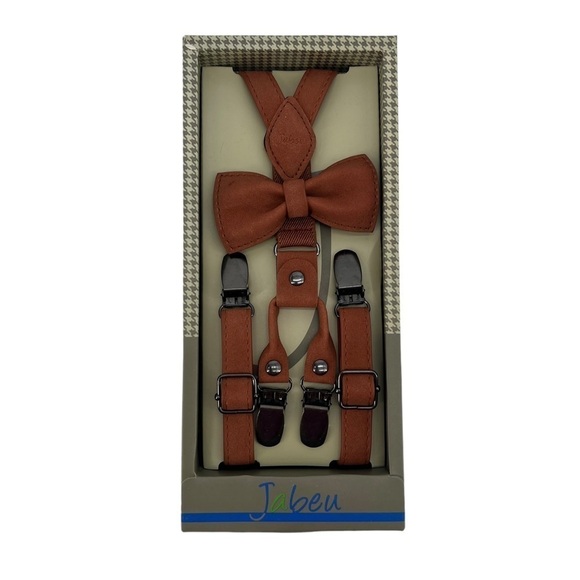 NWT Jabeu Rust Brown Leather Suspenders With Bow Tie Size 25” Kids - Picture 1 of 2